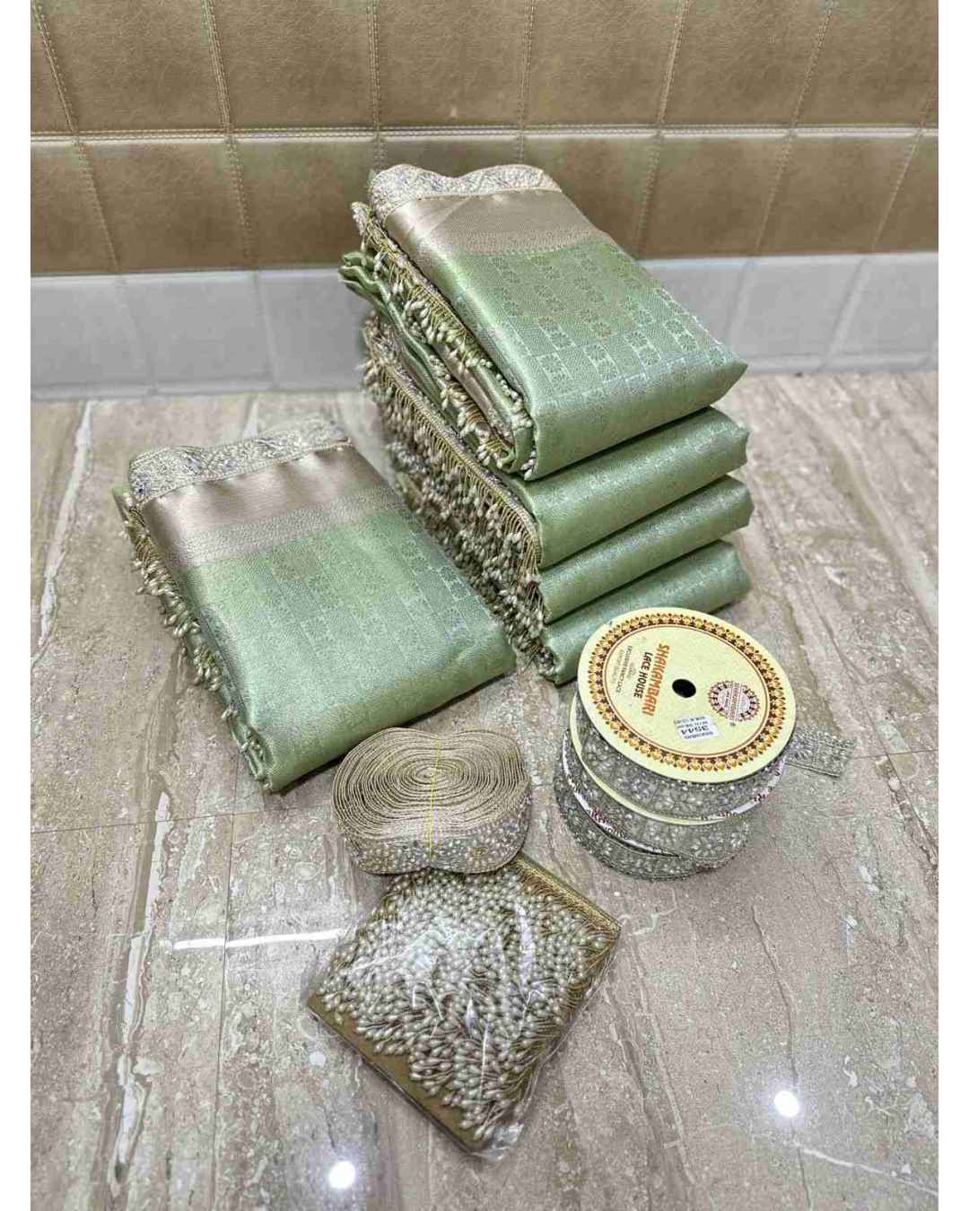 Light Pista Green lace work silk Light Pista Green lace work silk