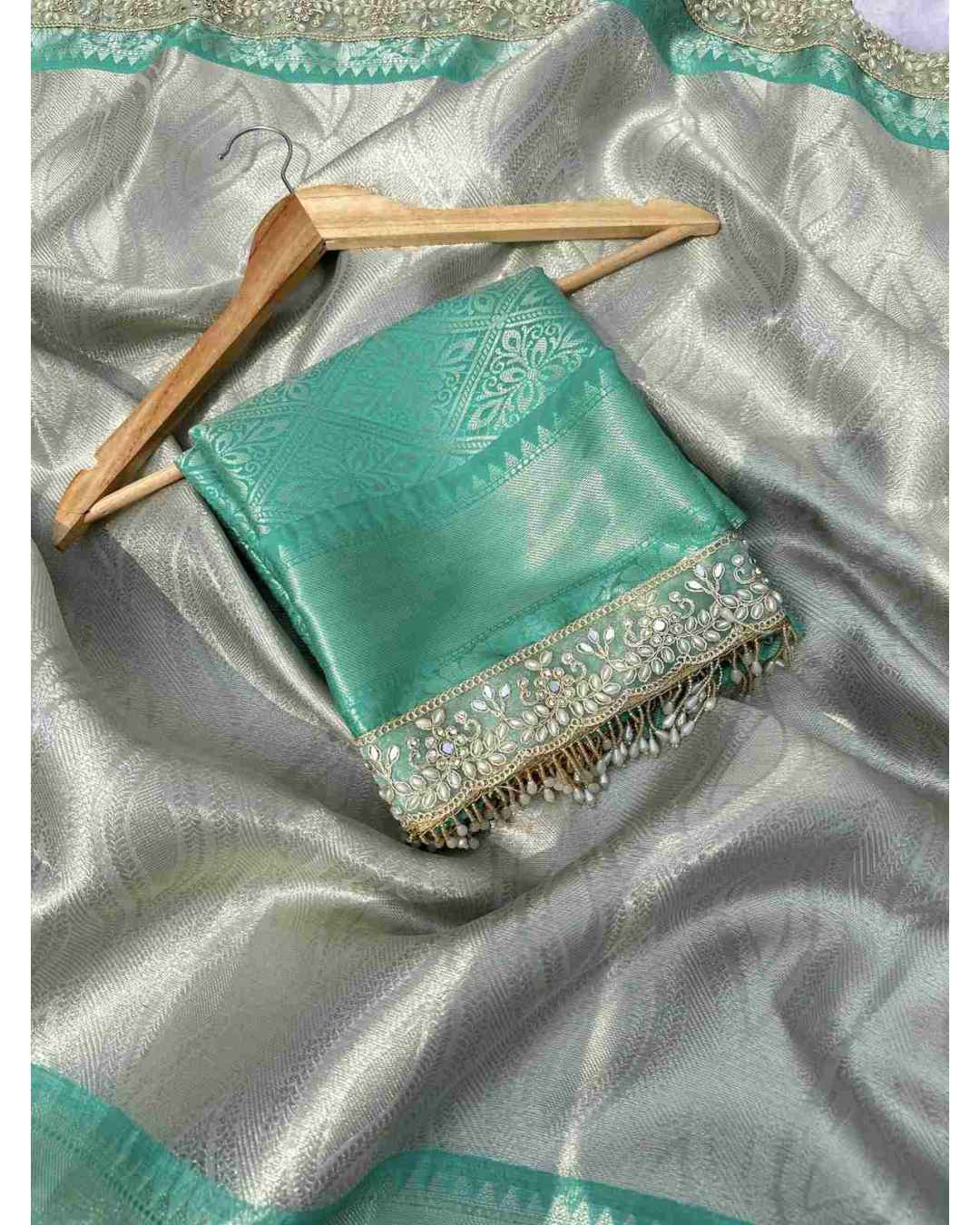 Cream green lace work silk Cream green lace work silk