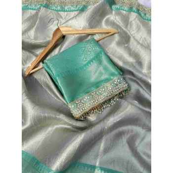 Cream green lace work silk Cream green lace work silk