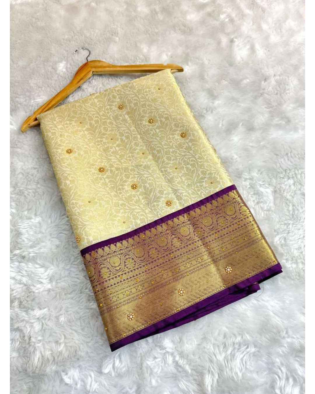 Cream colour stone work banarasi tissue Cream colour stone work banarasi tissue