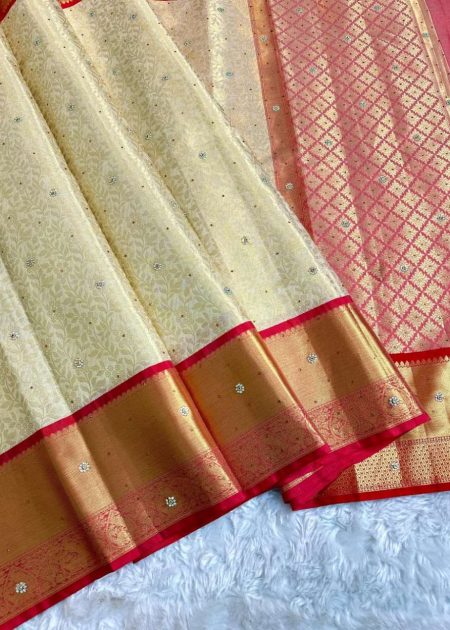 Premium Cream colour red border stone work sarees